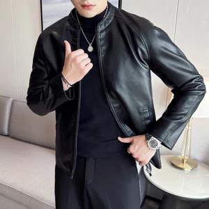 Chaqueta de cuero para hombre Slim Fit Biker Coat Thin Spring Autumn Stand Collar Plus Size Motorcycle Outerwear - Product Image 3