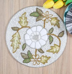 Set de table luxueux en or ivoire perlé avec motif floral et feuilles, perles de verre, décoration occasionnelle pour assiette de dîner - Or ivoire - Product Image 5