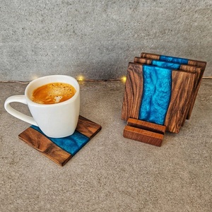 Handmade DIY Resin & Wood <b>Coaster</b> <b>Set</b>, Small Round Lightweight Wooden Drink Pads <b>with</b> Cork or Slate <b>Holder</b> - Product Image 1