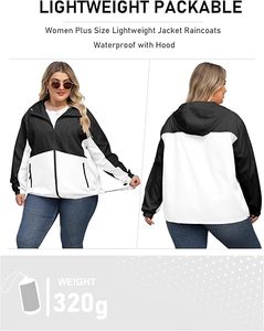 Hooded Color Blocking Windbreaker <b>Jacket</b> <b>Waterproof</b> Zipper Closure Casual Style Unisex Spring Outerwear Black <b>White</b> - Product Image 2