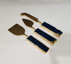 Pierre d'agate bleue en acier inoxydable or galvanoplastie couteau à fromage ensemble de 3 pièces pierre précieuse en cristal naturel pour servir des articles ou des cadeaux - Product Image 2