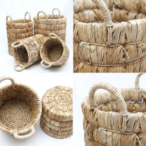 Natural Banana Bark <b>Storage</b> <b>Basket</b> Set Iron Frame <b>Stacked</b> Ring Arch Handle Cylinder Pot Planter Pure Art Setup Room Decor Craft - Product Image 2