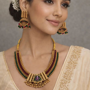 Ensemble collier et boucles d'oreilles élégants plaqués or de haute qualité pour femme, design tendance en laiton perlé, style ethnique, cadeau idéal pour fête et anniversaire - Product Image 1