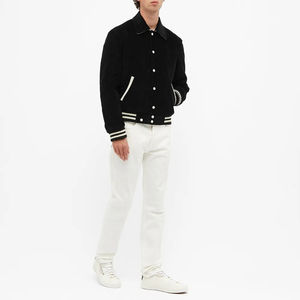 Chaqueta universitaria personalizada al por mayor cuerpo de lana negra con mangas de cuero blanco chaqueta de béisbol con botones letteman - Product Image 4