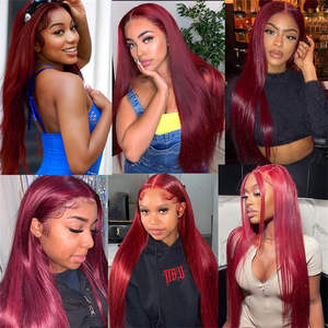 Perruques en dentelle frontale de couleur bordeaux, cheveux humains, HD, sans colle, lisses, perruques en dentelle frontale, 99J, densité 180%, cheveux humains vierges brésiliens - Product Image 3