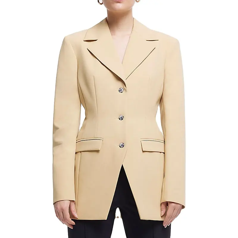Women Classic Business Jacket Long Sleeves Notch Lapel Front Pockets Cinched Waisted Tailored Blazer