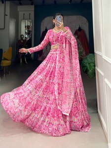 Acheter un nouveau look de soirée de créateur en soie Georgette fantaisie entièrement surpiqûre impression fantaisie confort personnalisé travail magnifique Lahenga Choli - Product Image 2