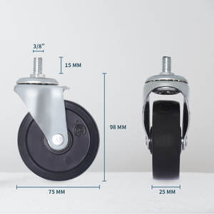 Ruedas de polipropileno de 3 pulgadas, vástago de acero de 3/8 "de diámetro, estilo giratorio, rodamiento de bolas de PVC, diámetro de rueda de 75mm, 25mm de ancho, 15mm de longitud - Product Image 2