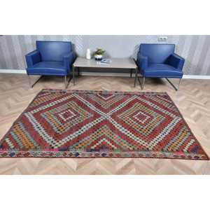 5.4x7.6 ft Turkish Kilim Rug, Vintage Rug, <b>Red</b> Animal Print <b>Wool</b> Rug - Product Image 2