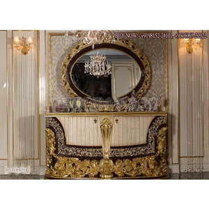 Juego de mesa de consola tallada en hoja de oro Royal Look, tocador tallado en hoja de oro para dormitorio, mesa de consola pulida dorada Royal Look - Product Image 1