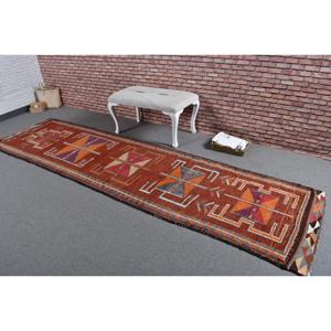 Vintage Herki Runner Rug 2.9x11.7 ft (88x358 Cm) Turkish <b>Brown</b> Patchwork <b>Wool</b> Rug with Latex Backing - Product Image 2