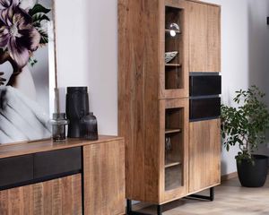 Buffet contemporain en bois d'acacia Bennett Design moderne Portes en verre Tiroirs noirs pour salon, salle à manger, salle de bain, hôtel - Product Image 2