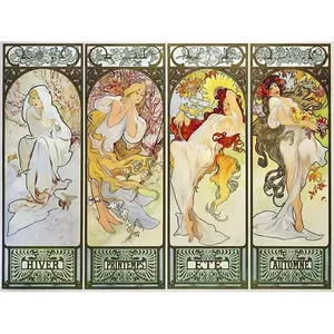 A. Póster de cuatro estaciones de Mucha, mural de azulejos de cerámica para niñas, arte de pared contra salpicaduras de cocina de 10x8 - Product Image 1