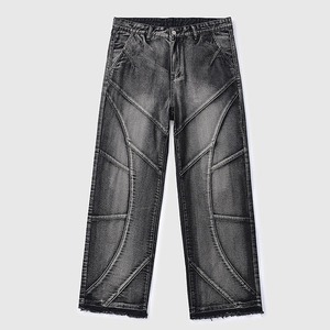 Jeans con Costuras Geométricas Desgastadas - Pantalones Vaqueros de Corte Recto Extra Grande en Gris Lavado, Estilo Urbano y Hip Hop - Product Image 6