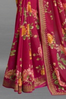 Sari Tradicional Indio para Bodas, Sari de Poliéster con Estampado Floral para Mujer, Rojo con Borde Dorado, Largo hasta el Suelo, para Fiestas