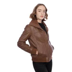 Veste universitaire en cuir véritable marron pour femme Poignets côtelés Style décontracté vintage Respirant Doublure en coton écologique Hiver - Product Image 4