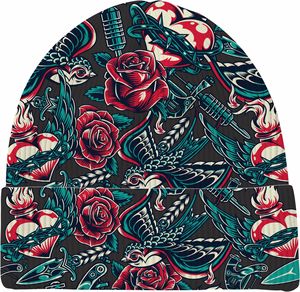 Bonnet en tricot unisexe ajustable en acrylique 100% avec broderie 3D personnalisée en relief, motif tête de mort et rose, style streetwear, vente en gros - Product Image 6