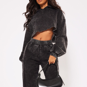 High Quality Cotton Acid Wash Cropped Hoodie Quick Dry Breathable Solid Pattern New Arrival <b>Black</b> Raw Hem Front Winter Essential - Product Image 5
