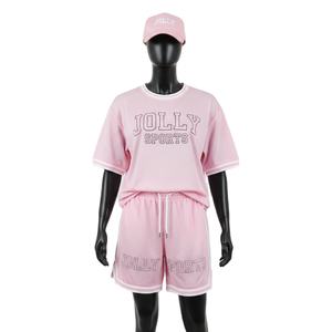 Ensemble short de basketball pour femme en maille polyester douce premium GSM rose, tenue d'entraînement avec logo thermocollé, ensembles pour femme 100% coton - Product Image 1