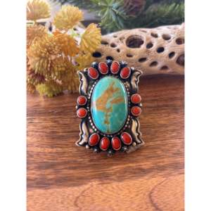 King Manassa Turquoise & Mediterranean Coral <b>Sterling</b> <b>Silver</b> <b>Ring</b> Size 6.75 Boho Bezel <b>Set</b> - Product Image 1