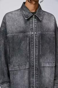 Vêtements vintage grande taille, vestes en jean pour hommes délavées à l'acide, 100% coton, streetwear, coupe slim, col montant, brodées, vestes d'hiver pour hommes - Product Image 2