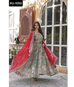 Vêtements ethniques indiens soie russe imprimée numérique avec broderie d'aluminium Zari paillettes travail Anarkali robes à manches longues pour les femmes - Product Image 1