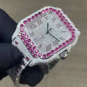 Montre pour homme en acier inoxydable avec chiffres romains carrés, verre de qualité supérieure, sertie de diamants en moissanite rose et blanc, clarté VVS, quartz - Product Image 3