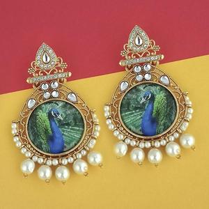 Kriaa perla chapada en oro Kundan diseño de pavo real pendientes de araña 1315123 - Product Image 1