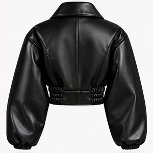 Black Faux Leather Cropped Bomber <b>Jacket</b> for <b>Women</b> Puff Sleeves Elastic Waist <b>Zip</b> <b>up</b> Winter Outerwear - Product Image 2