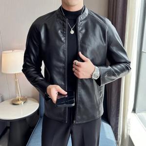 Chaqueta de cuero para hombre Slim Fit Biker Coat Thin Spring Autumn Stand Collar Plus Size Motorcycle Outerwear - Product Image 4
