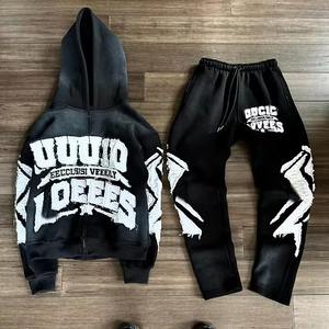 Survêtement zippé personnalisé pour hommes à la mode sweat à capuche délavé à l'acide pantalon de survêtement évasé avec broderie de patch de détresse survêtement évasé décontracté - Product Image 2