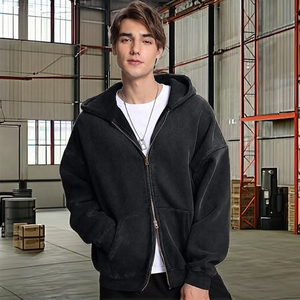 Sweat à capuche zippé 100 % coton délavé noir pour homme, style vintage, streetwear, vente en gros fabricant - Product Image 1