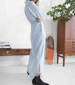 Stunning Summer Denim Cotton Women's Maxi A-Line Casual Dress Functional Button Front Collar Front Patch <b>Pocket</b> Curved Hemline - Product Image 4
