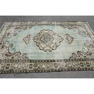 Alfombra turca Vintage de 5,6x9,1 pies, verde, Beige, tejido plano, patrón de retazos de lana para decoración para sala de estar, uso de pasillo, respaldo de látex - Product Image 3