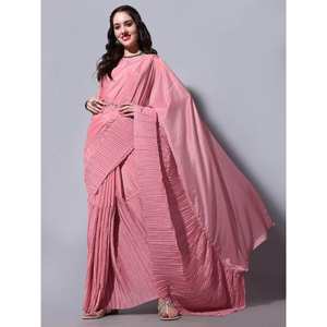 Stunning Pink Chinon Saree with Embroidered <b>Blouse</b> for Cocktail Parties - Product Image 3