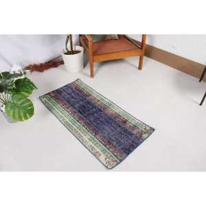 Alfombra Turca Pequeña, Alfombra Vintage de 1.7x3.6 pies, Alfombra de Lana Ikat Azul - Product Image 2