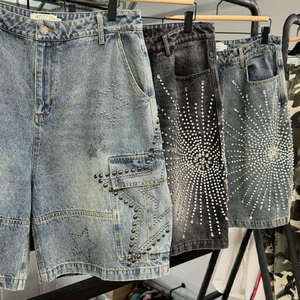 Pantalones Cortos de Mezclilla Personalizados para Hombre, Estilo Hip Hop Urbano, Desgastados, Vintage, Transpirables, Ligeros, 100% Algodón, con Diamantes de Imitación en la Parte Media - Product Image 6