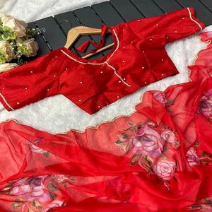 Indian Exporter Quality High on Demand Pure & Soft <b>Organza</b> <b>Silk</b> Saree Floral Prints on Heavy Hand Khatli Cut Dana & Jardosi Work - Product Image 5