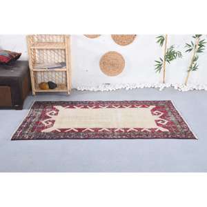 Alfombra de lana Vintage Patchwork rojo y Beige Respetuoso con el medio ambiente Pila media 3,5X5,7 pies para entrada 9x12 Respaldo de látex - Product Image 1