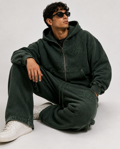 ONE APEX Breathable Vintage Forest Green <b>Zip</b> Hoodie Sweatpants Men's Regular Fit Wide Leg Fleece Winter Washed Cotton Casual - Product Image 2