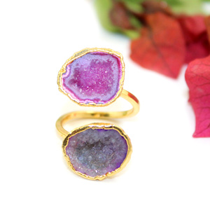 Moda atemporal púrpura Lite azul geoda Druzy 24K oro galvanizado anillo ajustable joyería mujeres venta al por mayor forma a granel India - Product Image 1