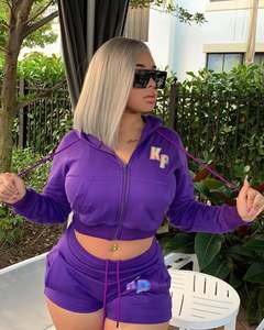 Conjuntos de chándales personalizados del fabricante para mujer, chaqueta con capucha y cremallera, pantalones cortos, conjunto de 2 piezas, chándales para mujer - Product Image 2