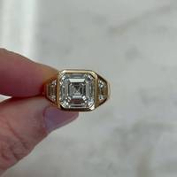 Anillo de compromiso de tres piedras de moissanita original con corte Asscher de 4.0 CTW, anillo de sello de diseñador de oro macizo de 10K para mujer