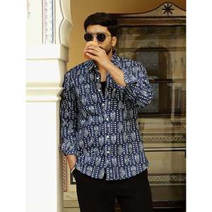 Camisa Casual Azul 100% Algodón Estampada con Mangas Largas, Tela Popelina Transpirable, Diseño Floral de Puntos, Talla 6XL, Prenda de Moda ODM - Product Image 1