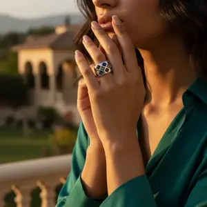 925 <b>Silver</b> <b>Statement</b> <b>Ring</b> for Women with Blue & Green Gemstones Resizable Ethnic Wedding Jewelry Plated Brass Setting Technology - Product Image 1