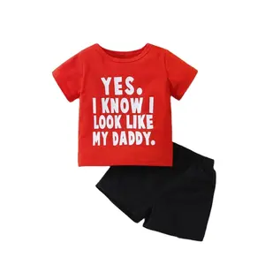 婴儿标语图案t恤和短裤套装优质儿童服装定制字母图案印花衬衫和短裤