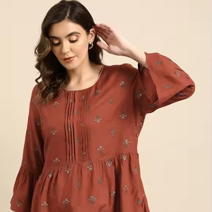 Indian Ethnic Wear Elegant O-Neck <b>Three</b> Quarter Sleeve Cotton Embroidery Fit Flare Silhouette Short Top for Office Regular Wear - Product Image 1