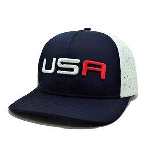 Navy Blue & <b>White</b> USA Laser Cut Performance Golf <b>Hat</b> Breathable Athletic Headwear for Men & Women - Product Image 1