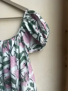 Square Neck cotton summer hand block print square neckline <b>dress</b> Midi <b>Dress</b> with <b>belt</b> Floral Long Block Print <b>Dress</b> - Product Image 3