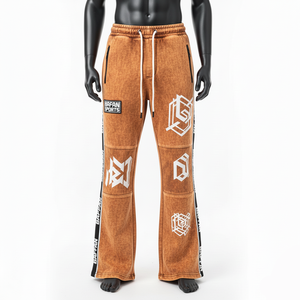 Premium cotton polyester fleece flare pant brushed fabric brown washed <b>knee</b> panel custom <b>heat</b> transfer logo flare Men's Pants - Product Image 6